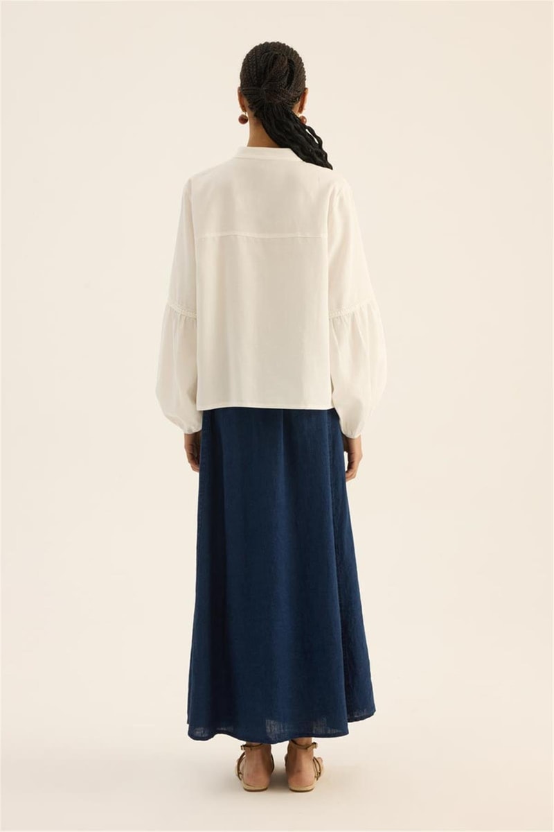 Dantel Ara Şeritli Bluz Ekru