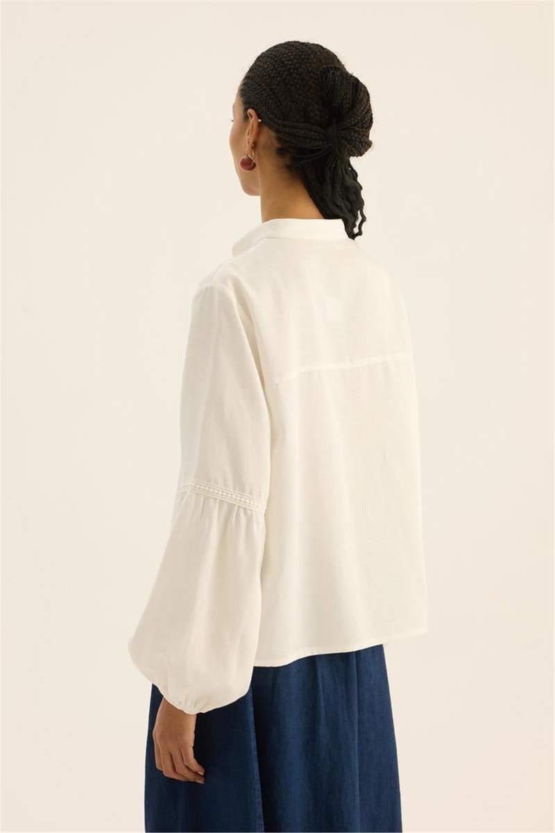 Dantel Ara Şeritli Bluz Ekru