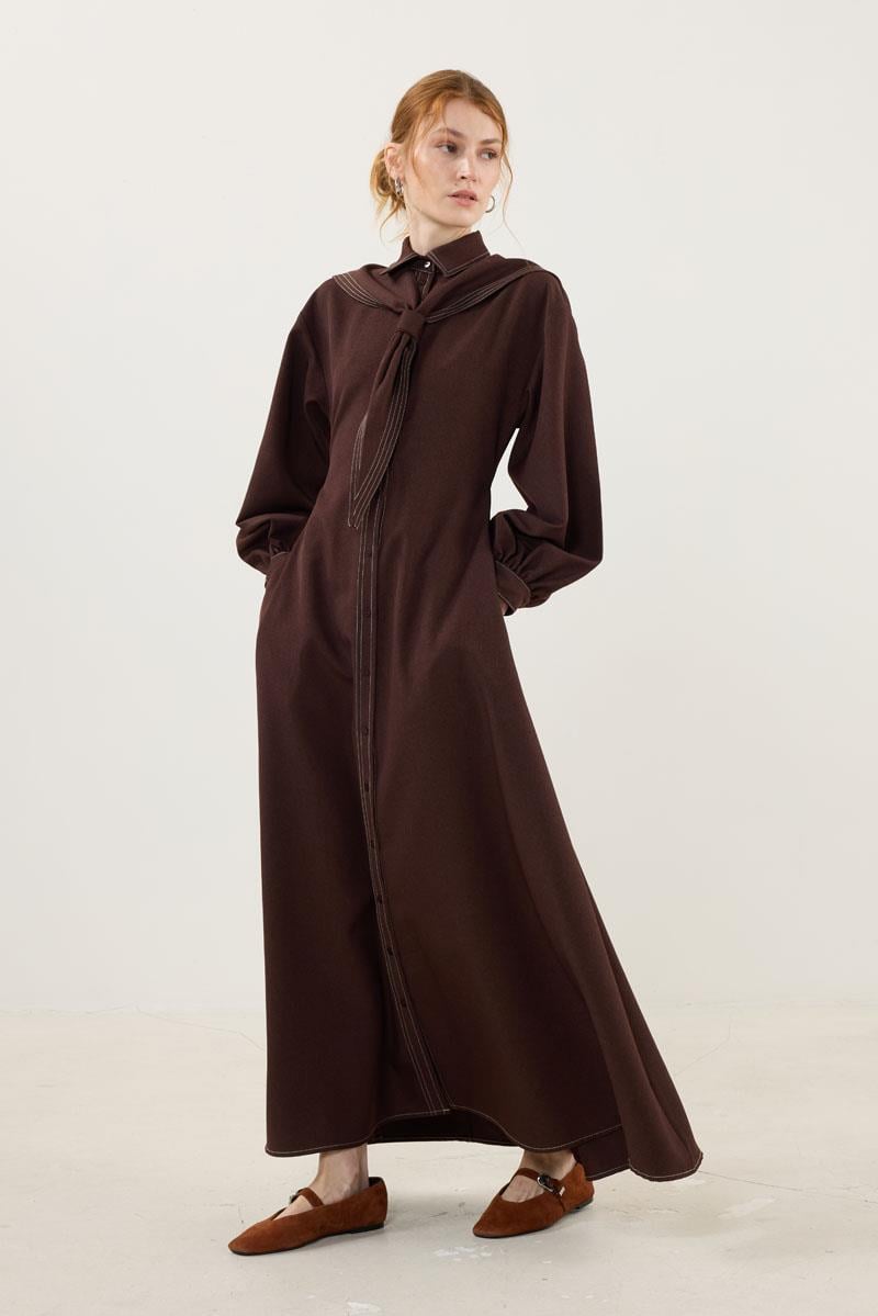 Denizci Yaka Elbise Kahverengi