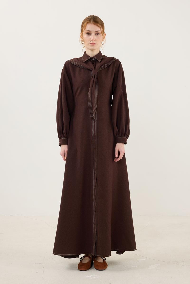 Denizci Yaka Elbise Kahverengi