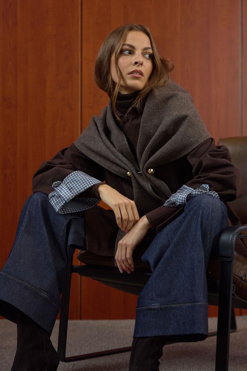 Desenli Şal Yaka Atkı Kahverengi