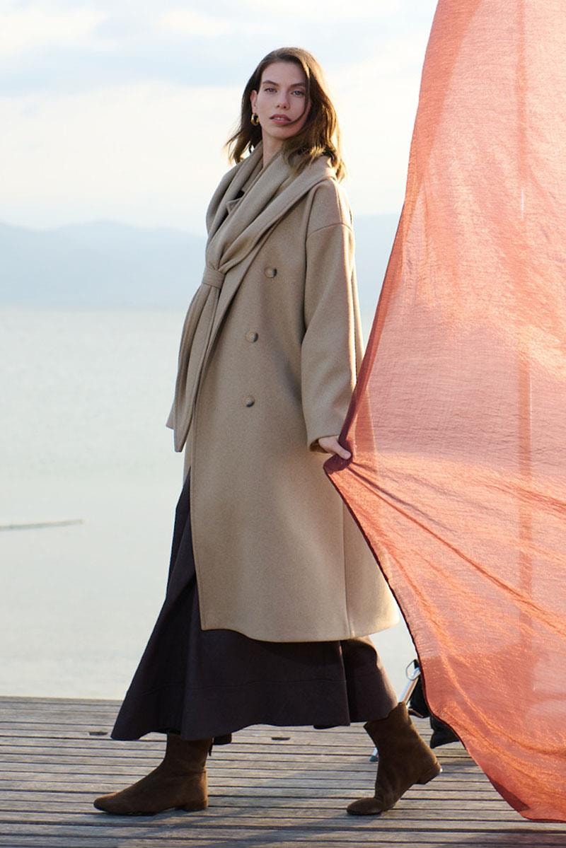 Düğmeli Kruvaze Kaban Camel