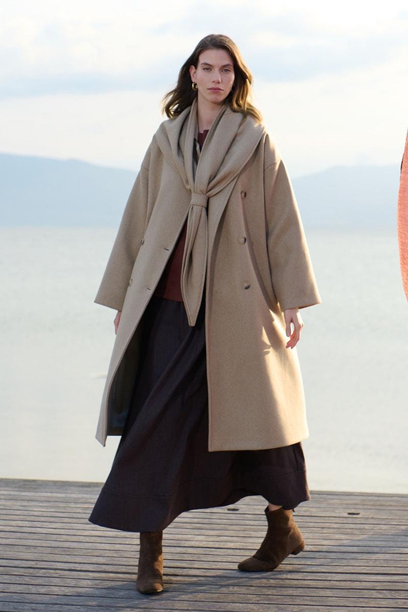 Düğmeli Kruvaze Kaban Camel