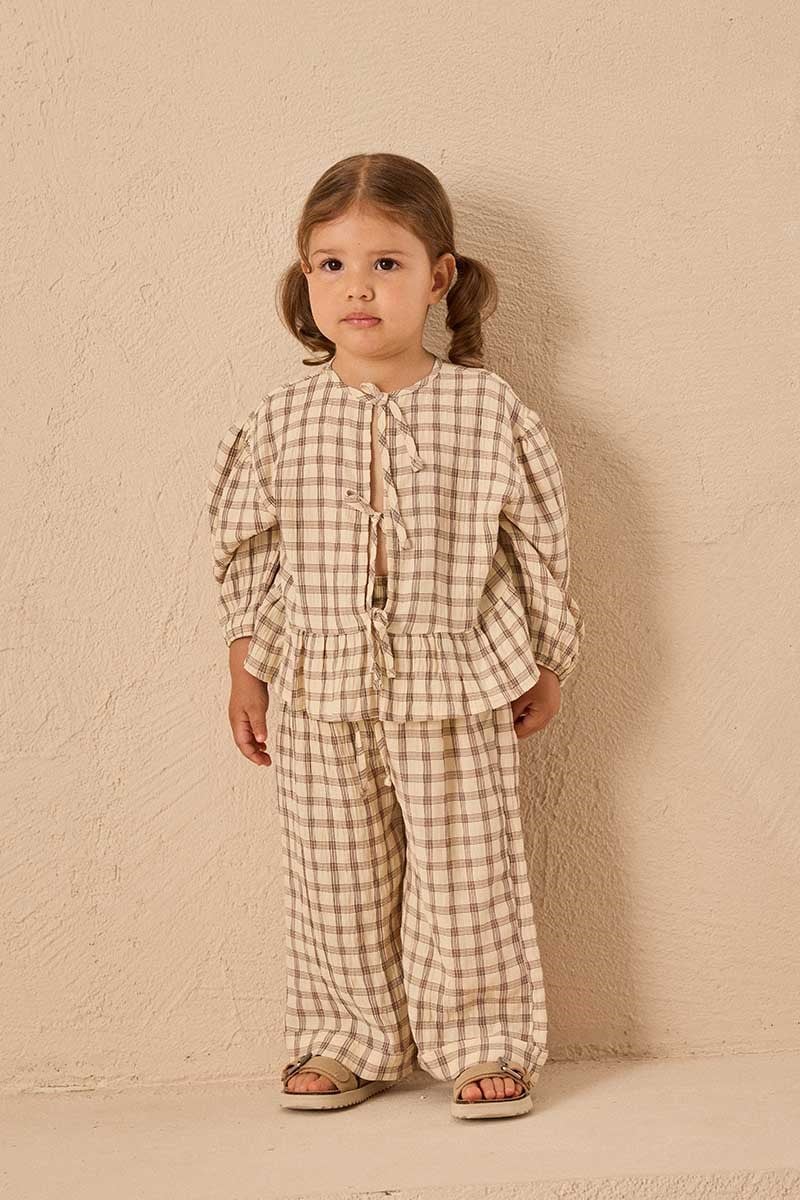 Ekoseli Çocuk Kimono Takım Kahverengi