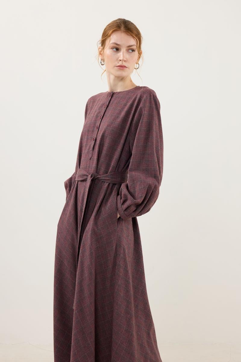 Ekoseli Elbise Bordo