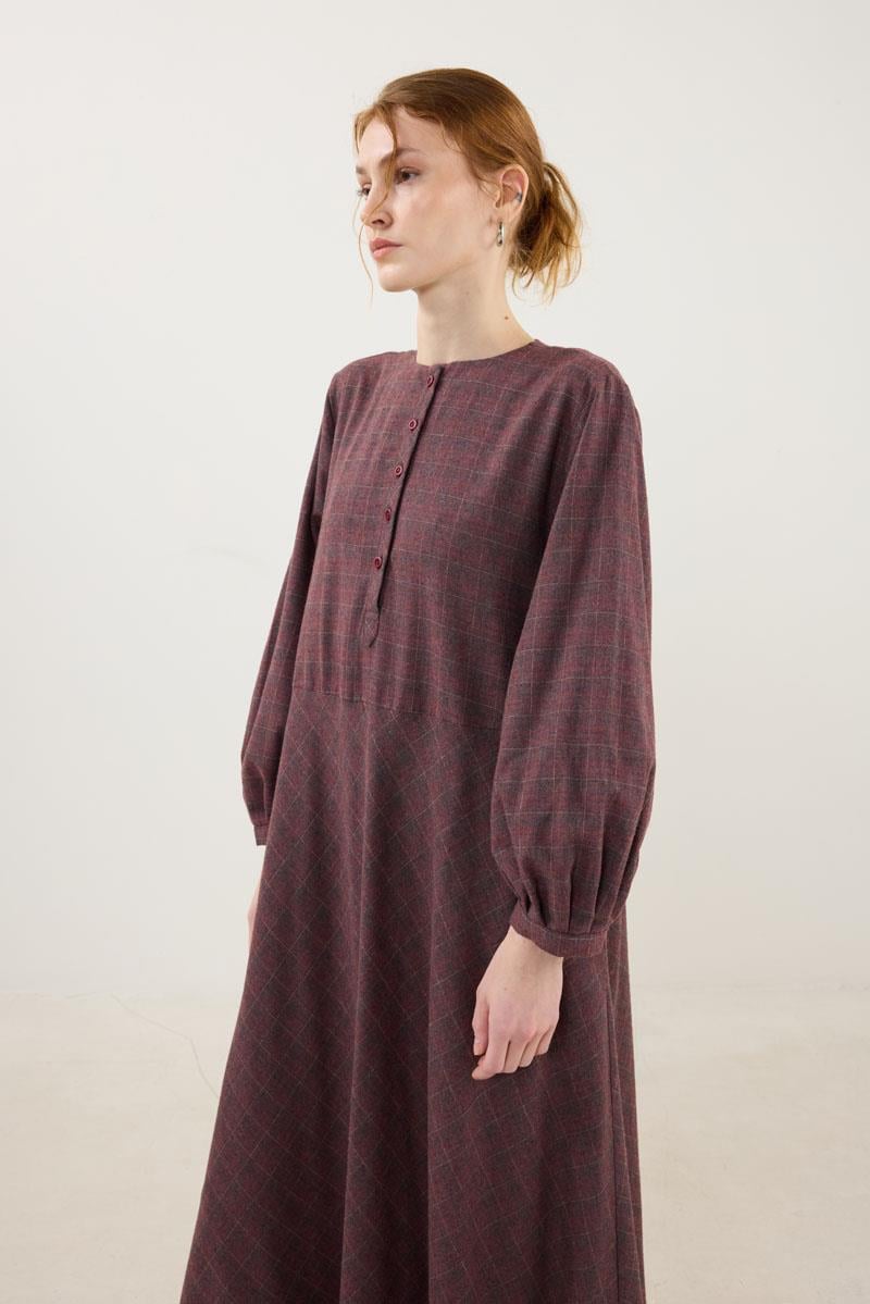 Ekoseli Elbise Bordo