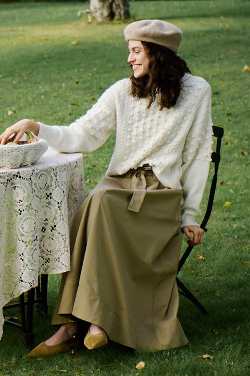 Etek Ucu Parçalı Kemerli Etek Haki