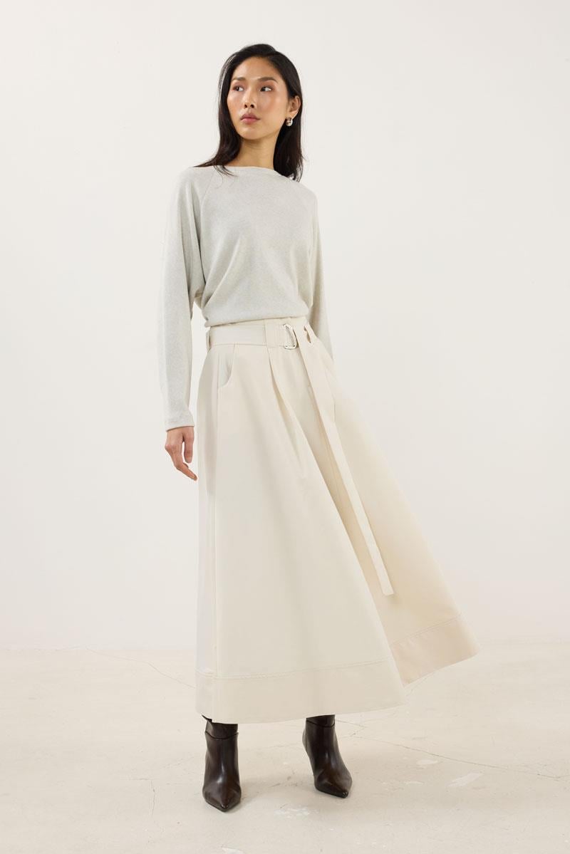 Etek Ucu Parçalı Kemerli Etek Krem