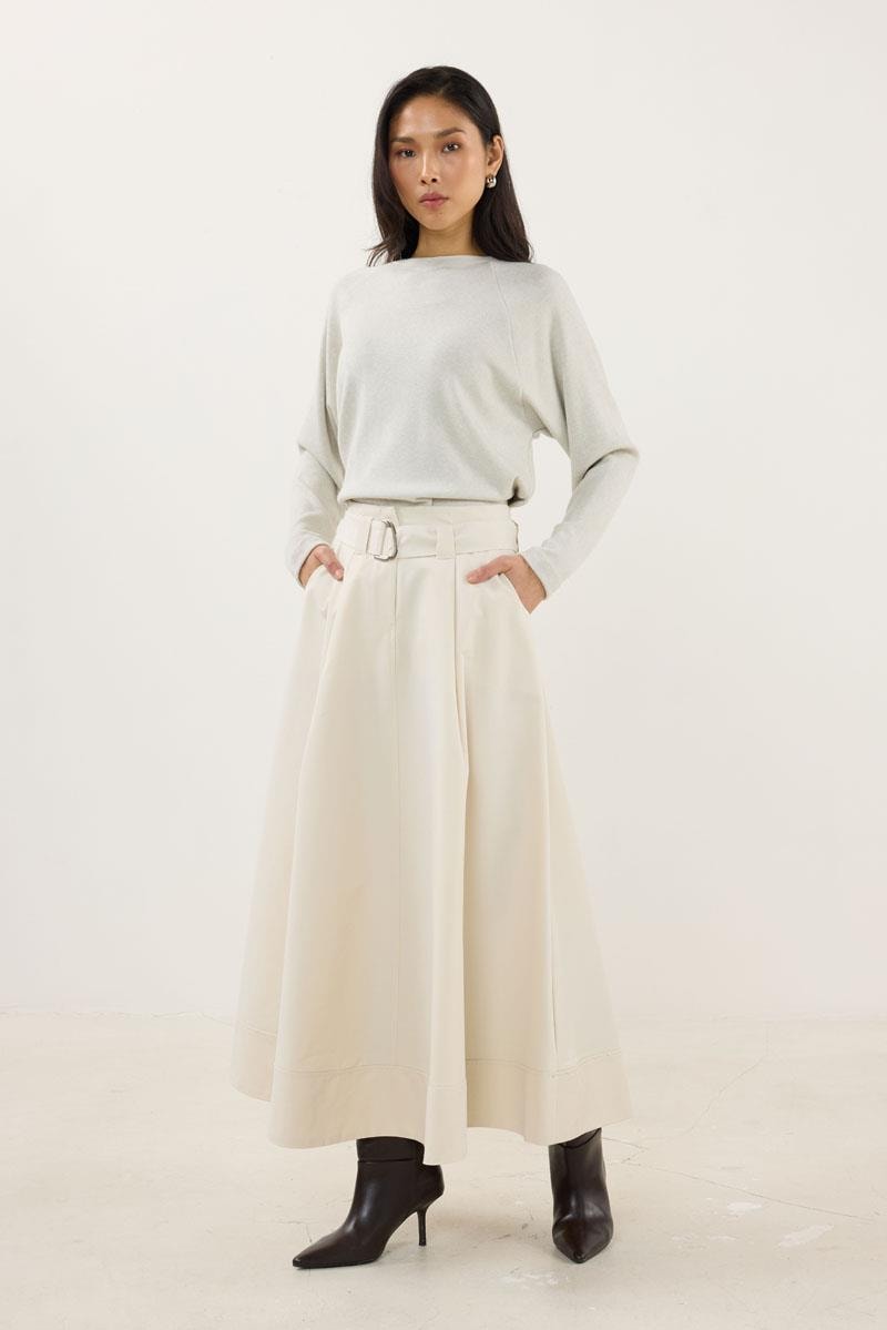 Etek Ucu Parçalı Kemerli Etek Krem