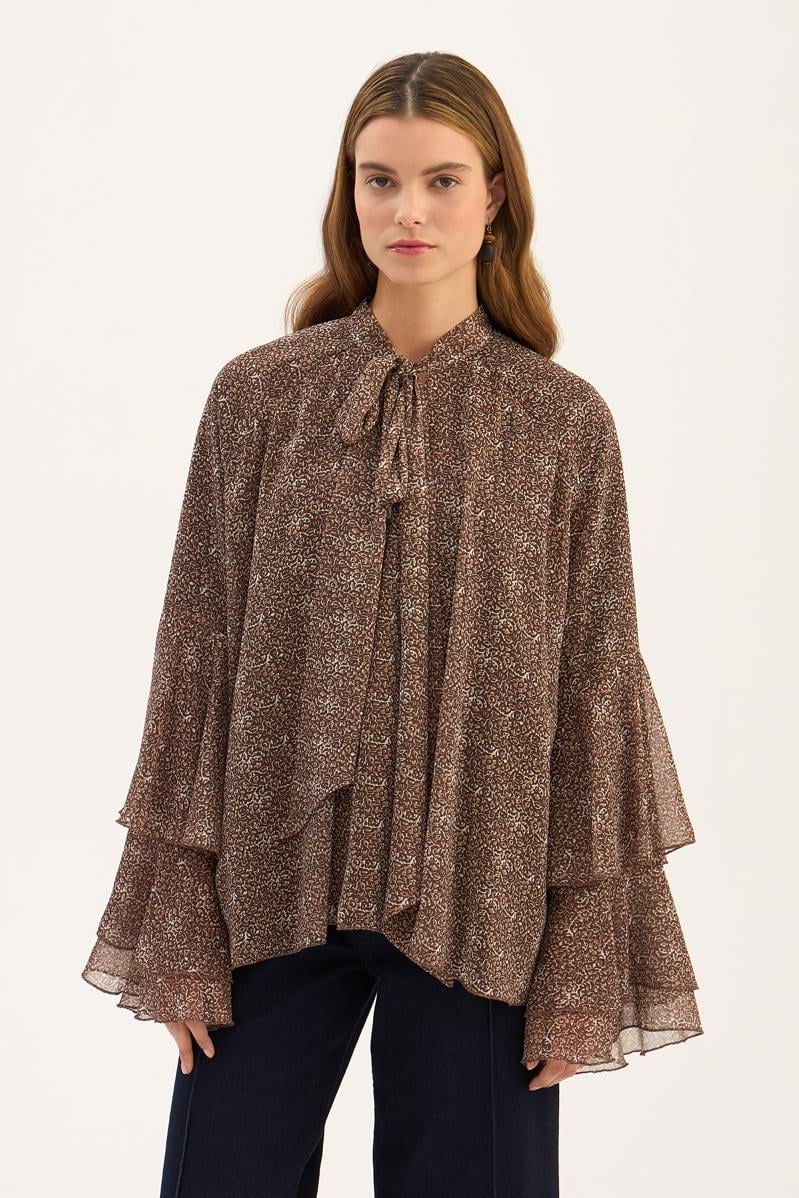 Fularlı Şifon Bluz Kahve