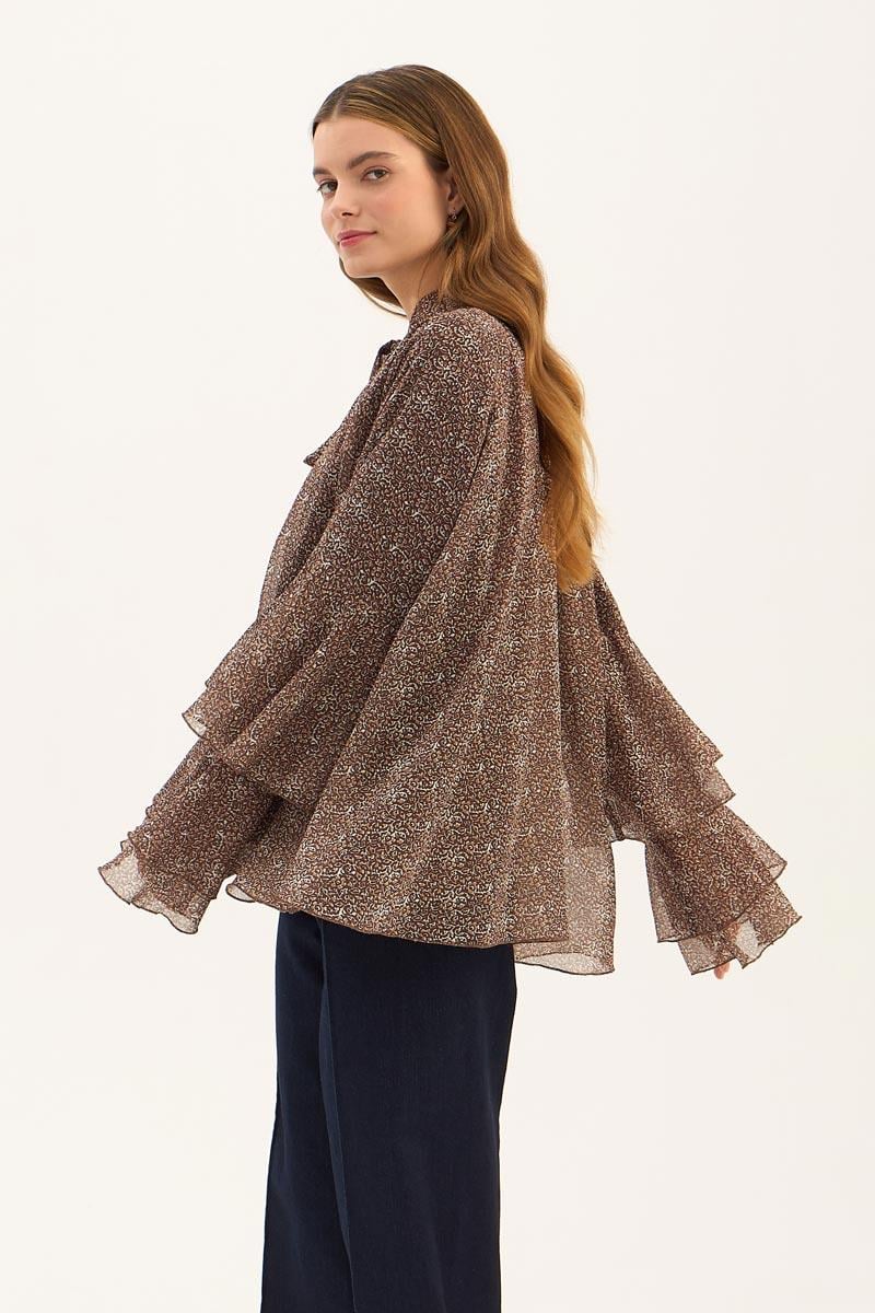 Fularlı Şifon Bluz Kahve
