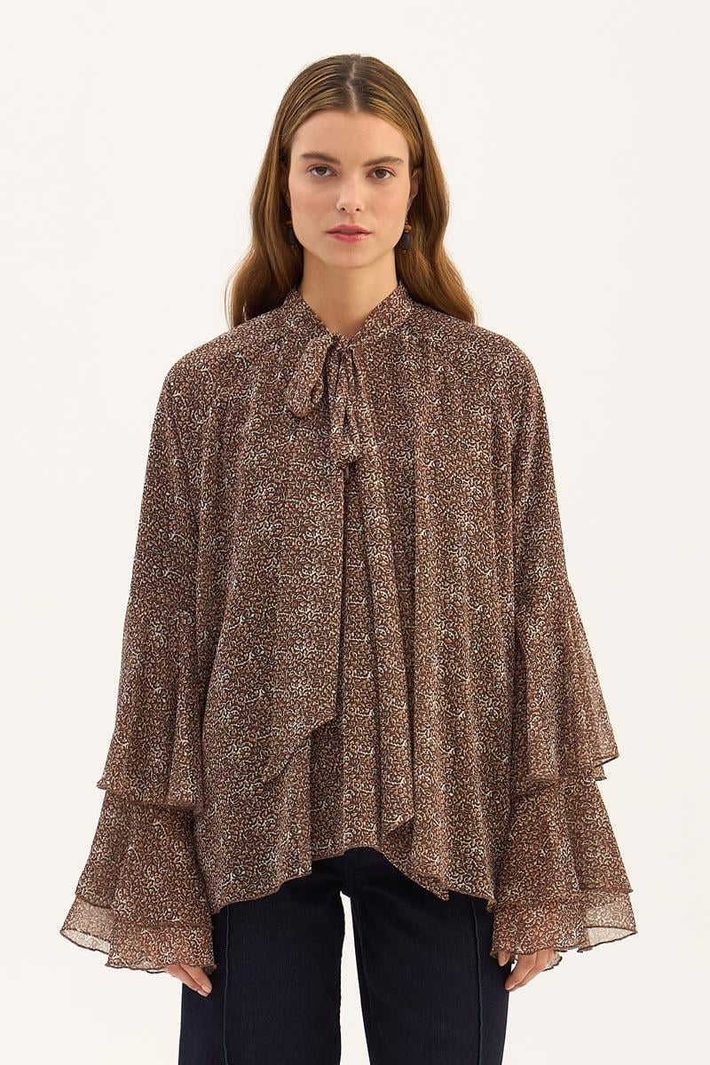Fularlı Şifon Bluz Kahve