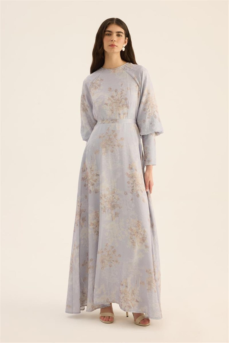 Geniş Manşetli Gece Elbisesi Lila