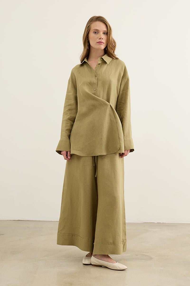 Geniş Paça %100 Keten Pantolon Zeytin Yeşili