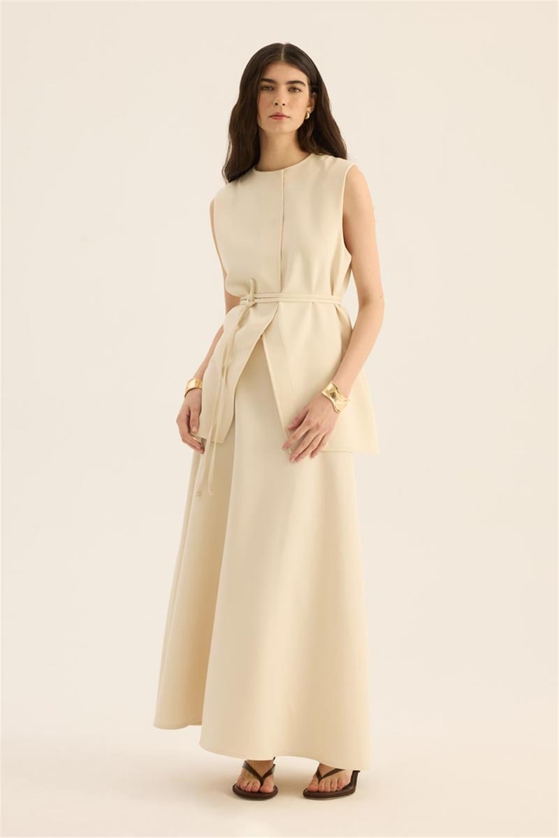 İp Kemerli Yelek Krem