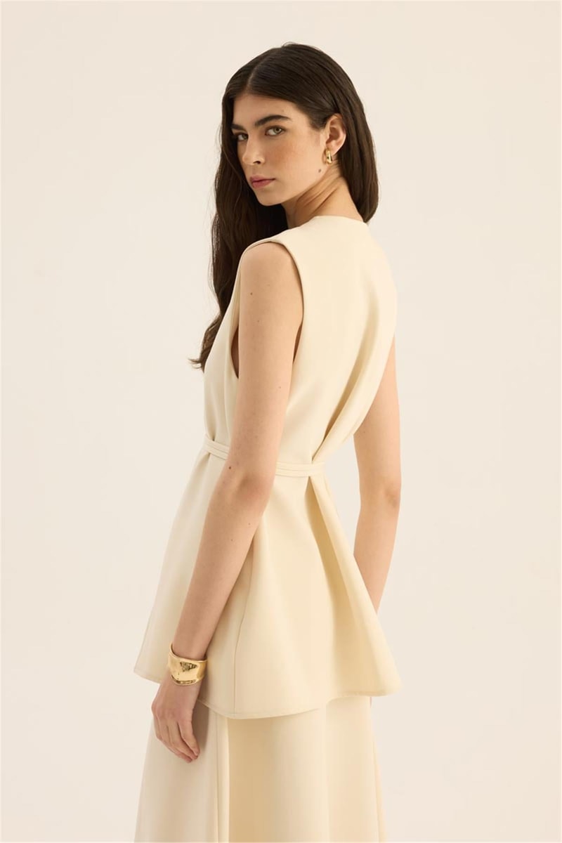 İp Kemerli Yelek Krem