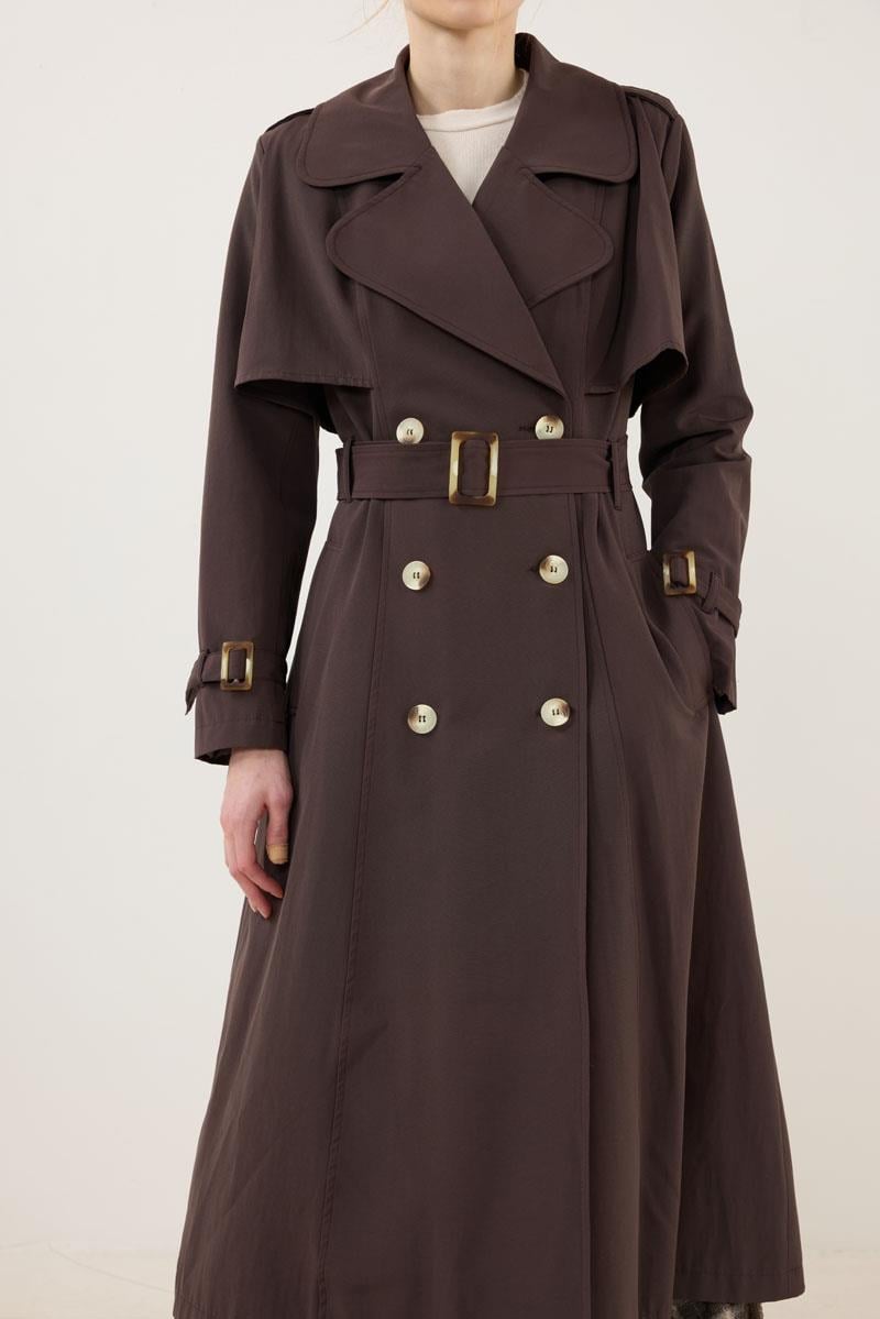 Kemer Tokalı Klasik Uzun Trençkot Acı kahve