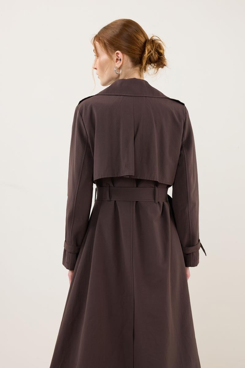 Kemer Tokalı Klasik Uzun Trençkot Acı kahve