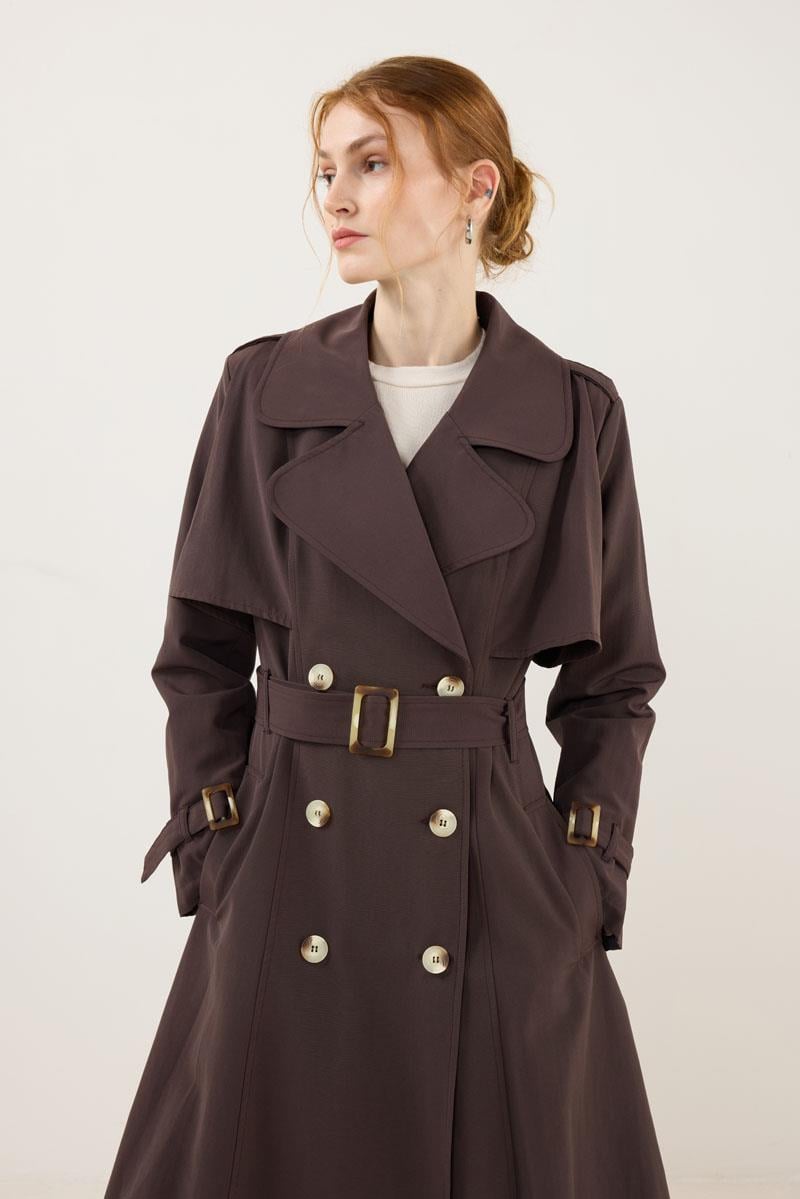 Kemer Tokalı Klasik Uzun Trençkot Acı kahve