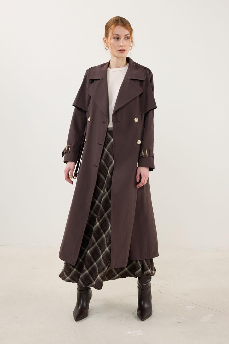 Kemer Tokalı Klasik Uzun Trençkot Acı kahve