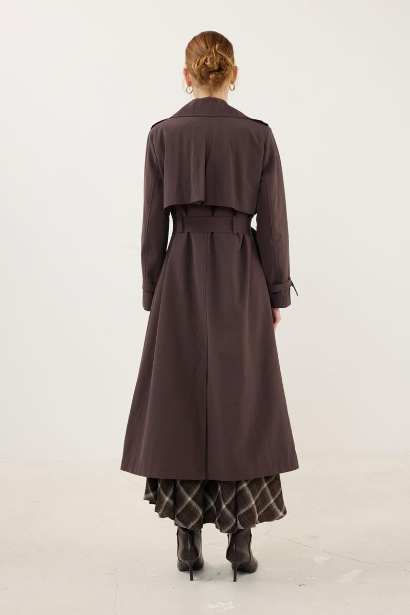 Kemer Tokalı Klasik Uzun Trençkot Acı kahve