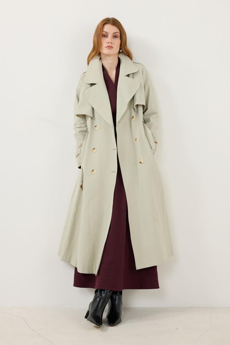 Kemer Tokalı Klasik Uzun Trençkot Çakıl Taşı