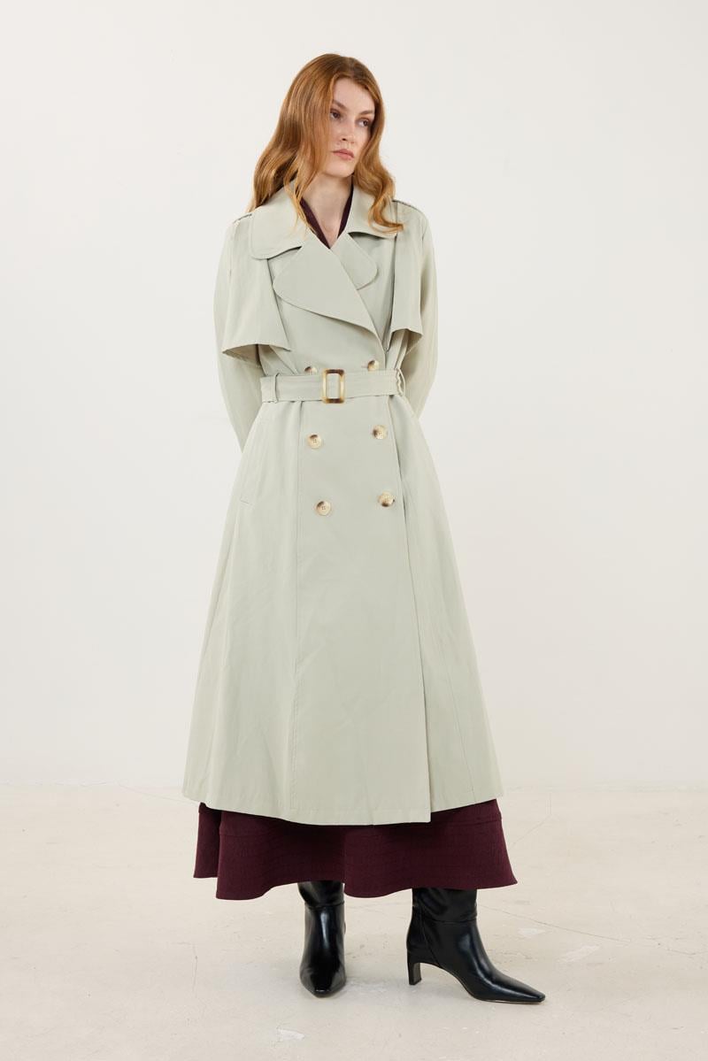 Kemer Tokalı Klasik Uzun Trençkot Çakıl Taşı