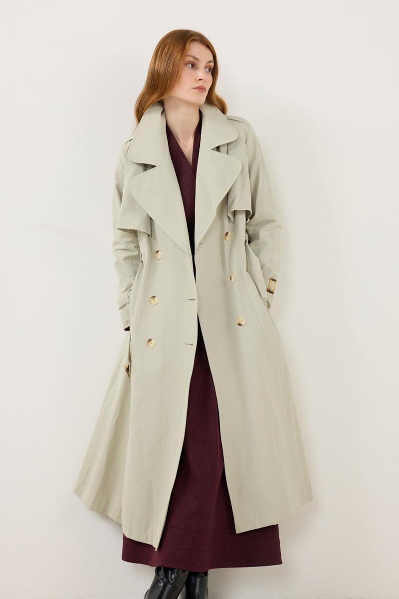 Kemer Tokalı Klasik Uzun Trençkot Çakıl Taşı