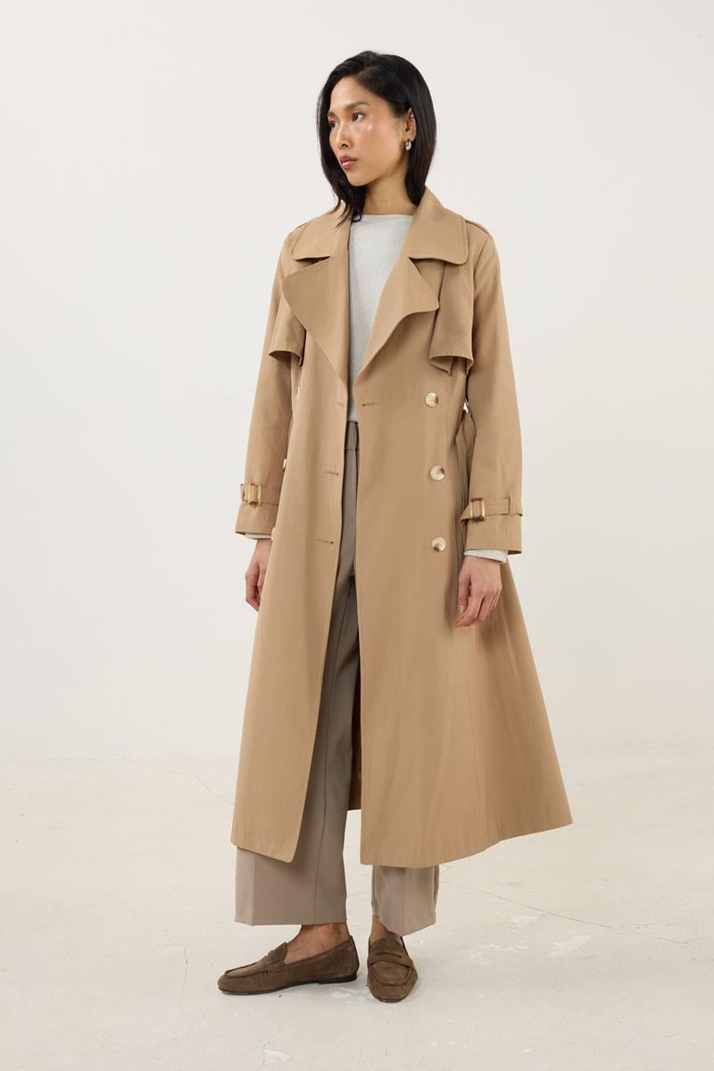 Kemer Tokalı Klasik Uzun Trençkot Camel