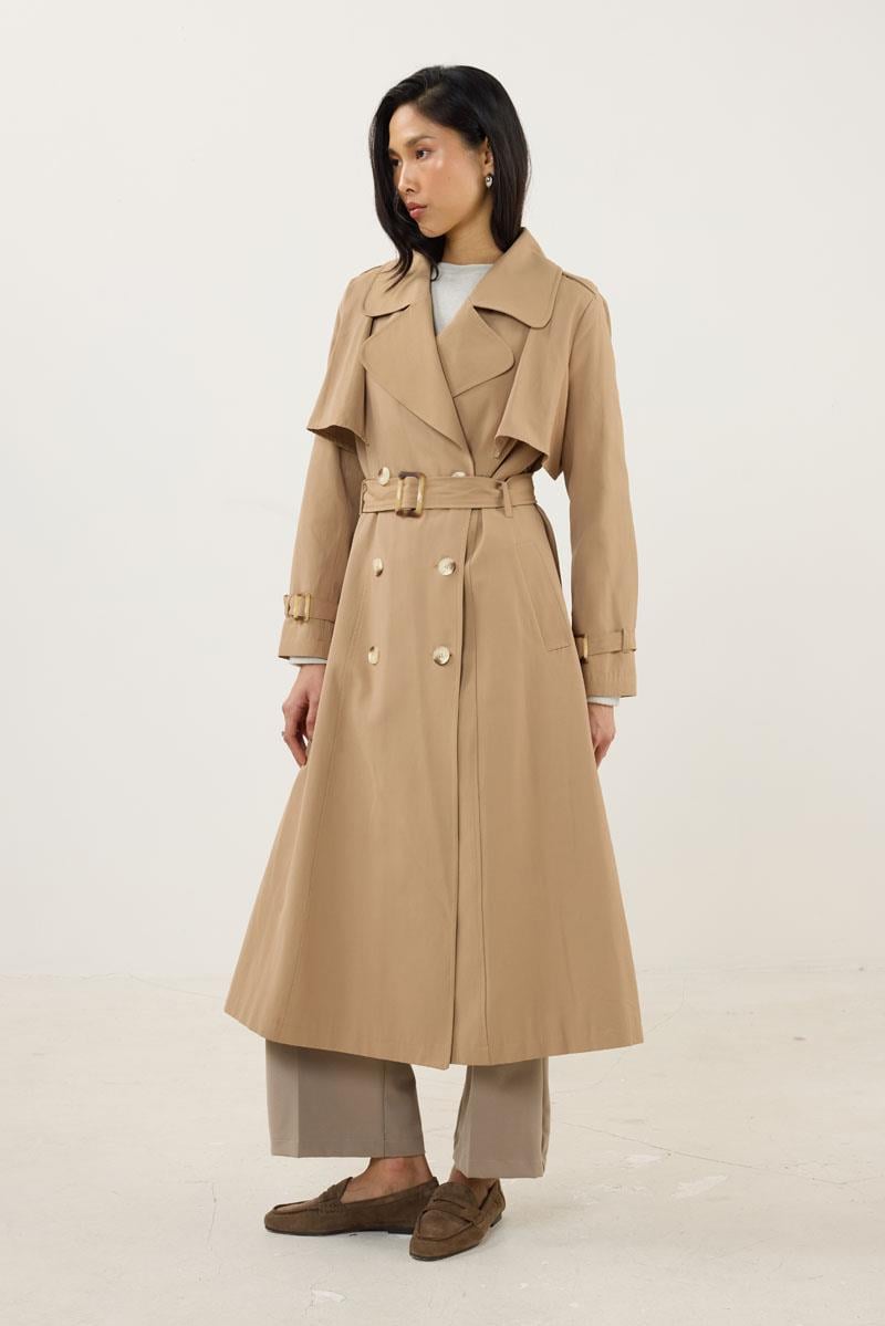 Kemer Tokalı Klasik Uzun Trençkot Camel