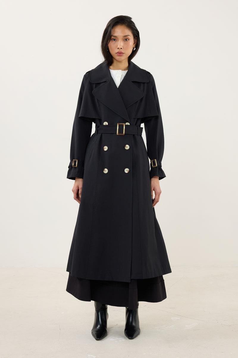 Kemer Tokalı Klasik Uzun Trençkot Siyah