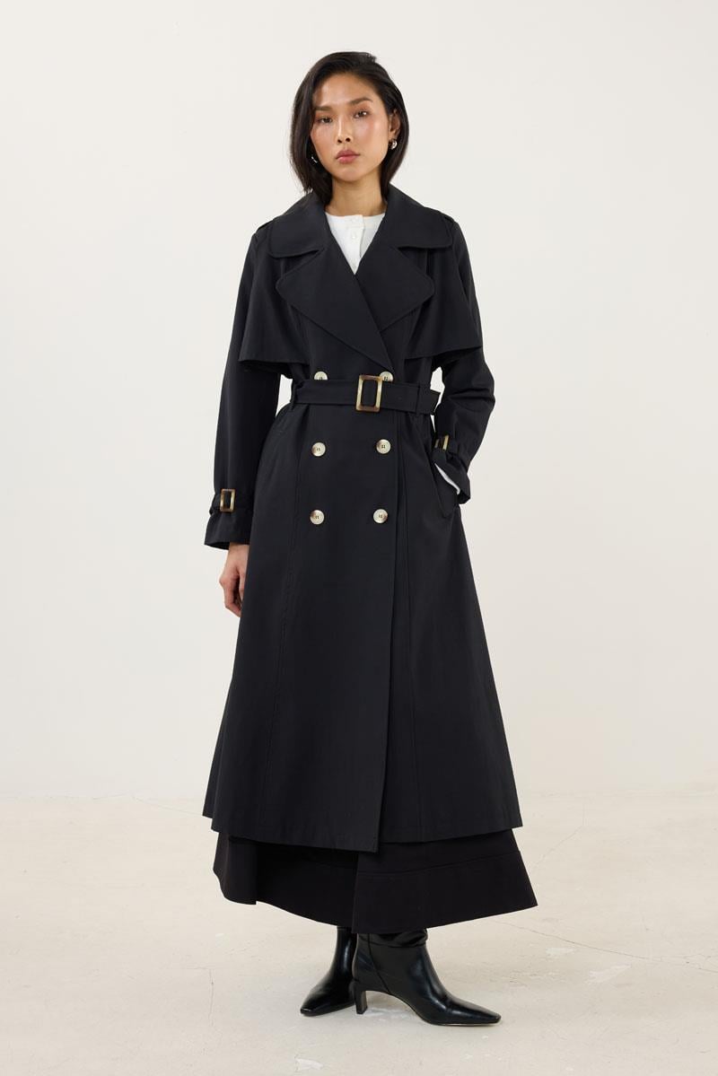 Kemer Tokalı Klasik Uzun Trençkot Siyah