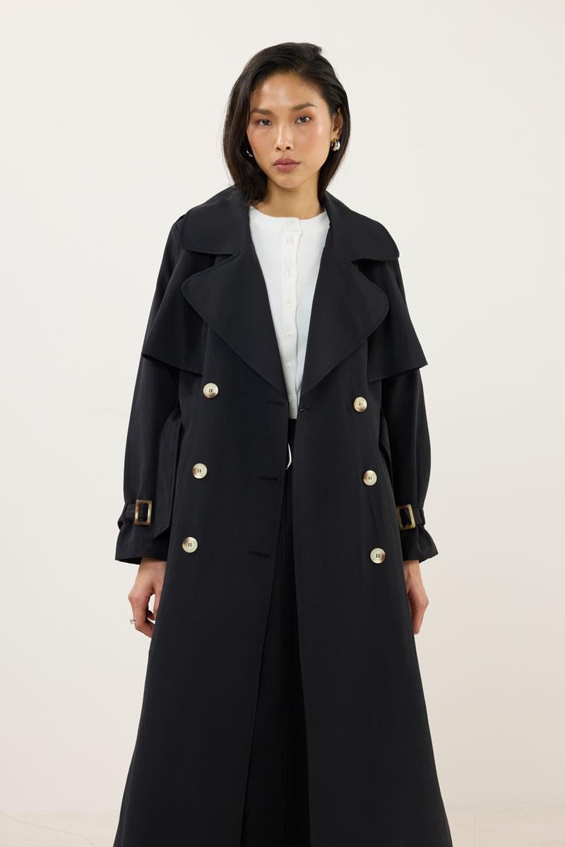 Kemer Tokalı Klasik Uzun Trençkot Siyah