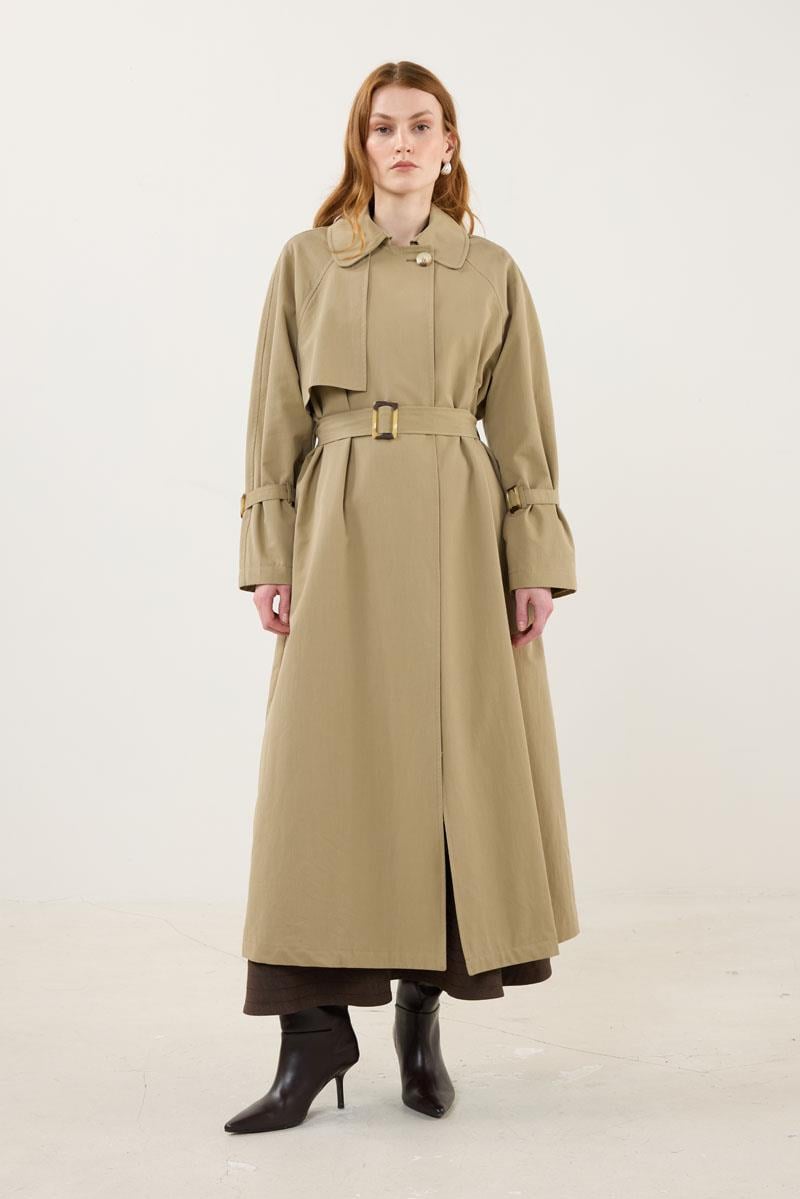 Kemik Tokalı Trençkot Haki