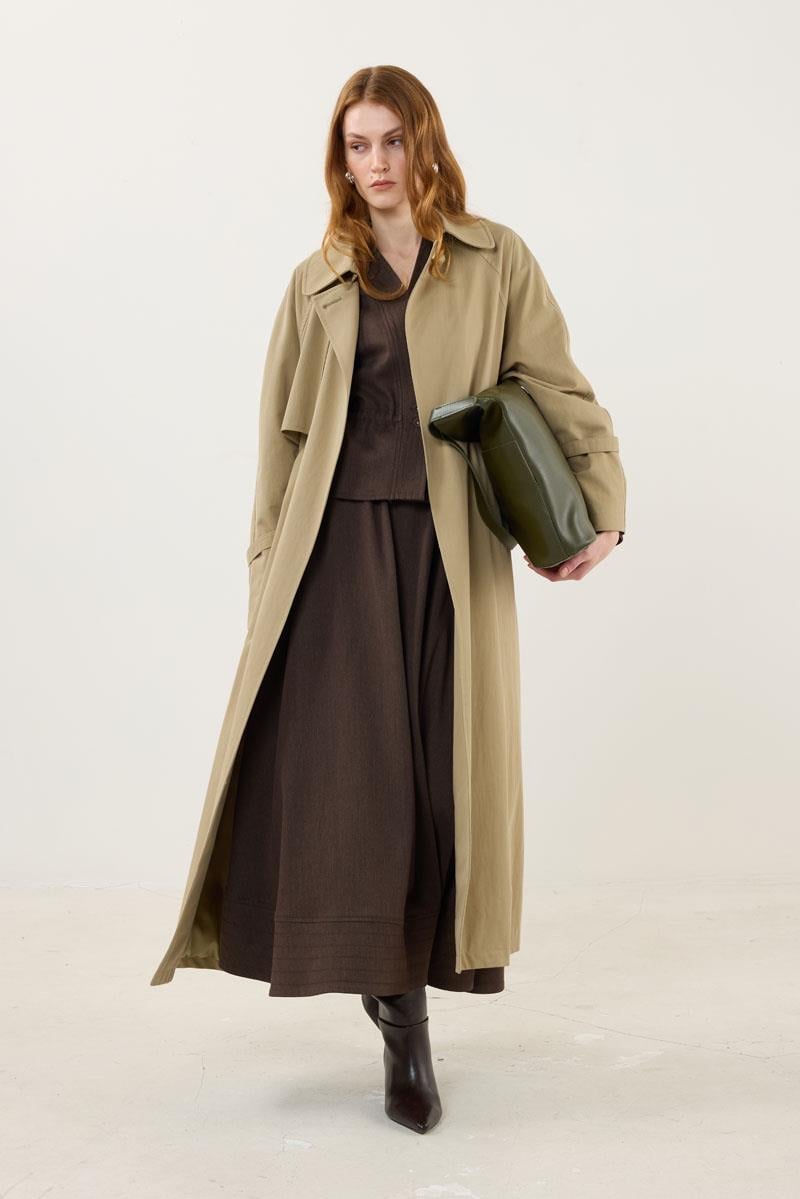 Kemik Tokalı Trençkot Haki