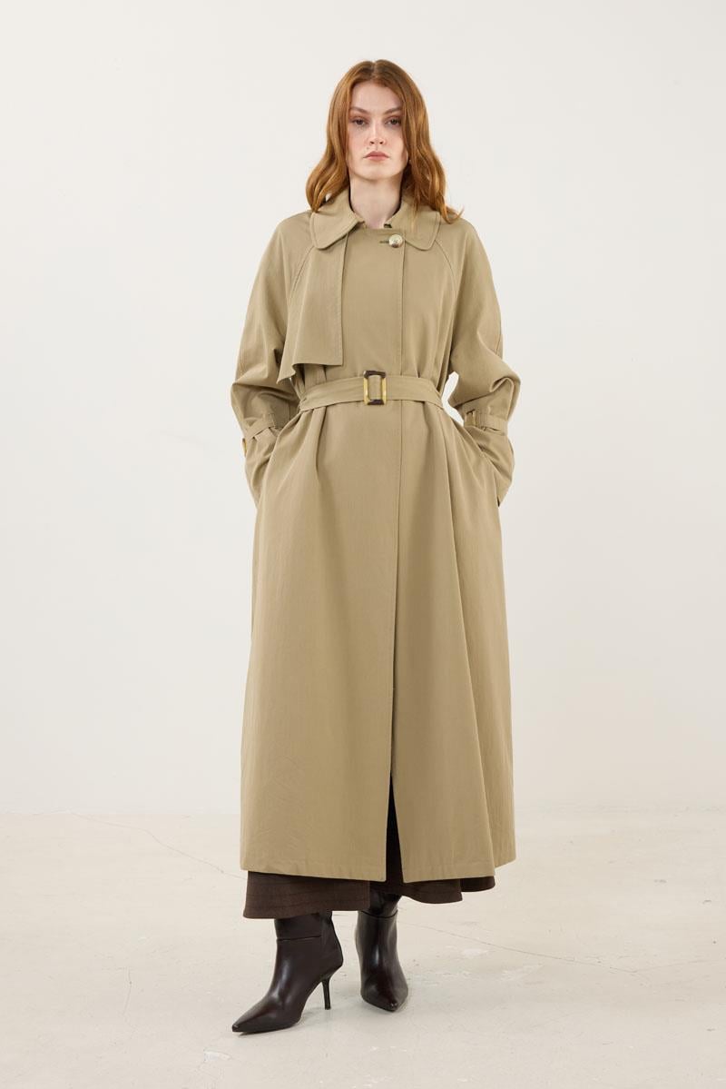 Kemik Tokalı Trençkot Haki