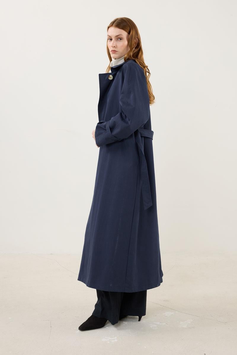 Kemik Tokalı Trençkot Lacivert