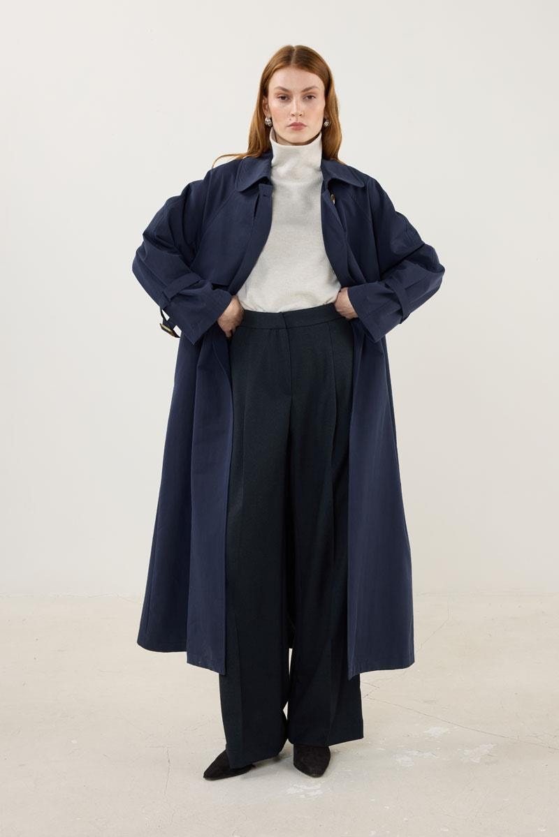 Kemik Tokalı Trençkot Lacivert