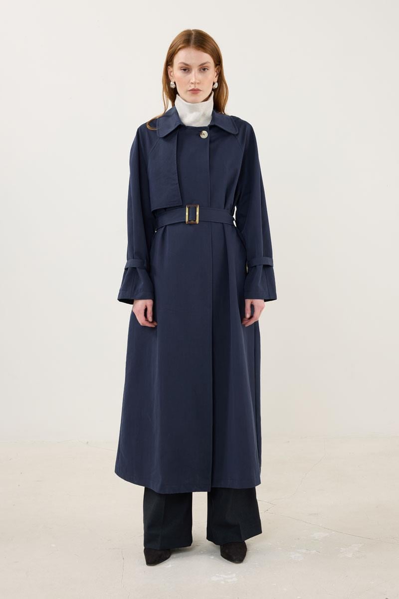 Kemik Tokalı Trençkot Lacivert