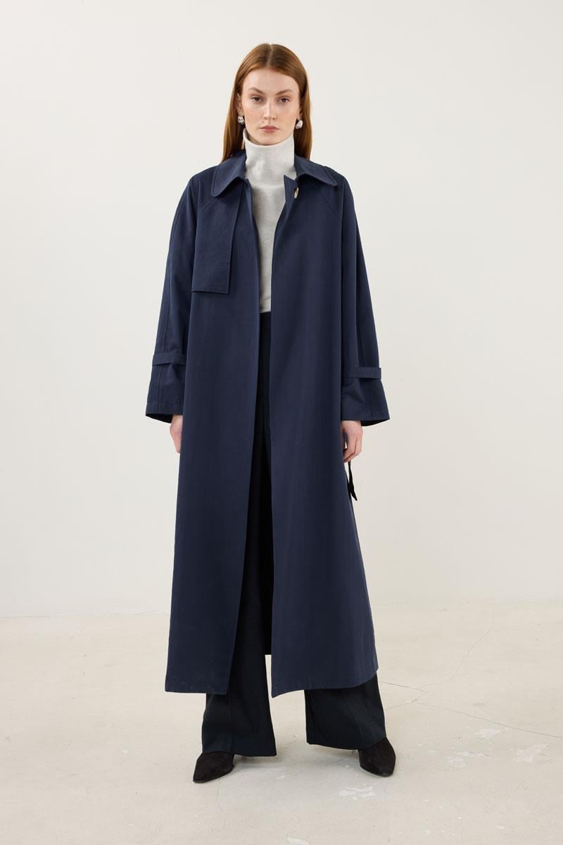 Kemik Tokalı Trençkot Lacivert