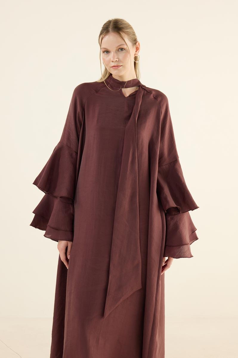 Kolları Volanlı Işıltılı Elbise Bordo