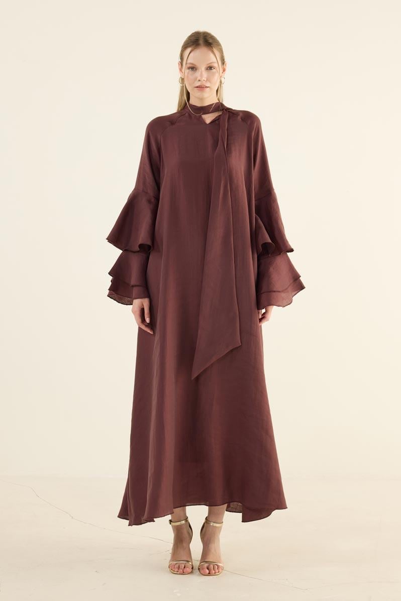 Kolları Volanlı Işıltılı Elbise Bordo