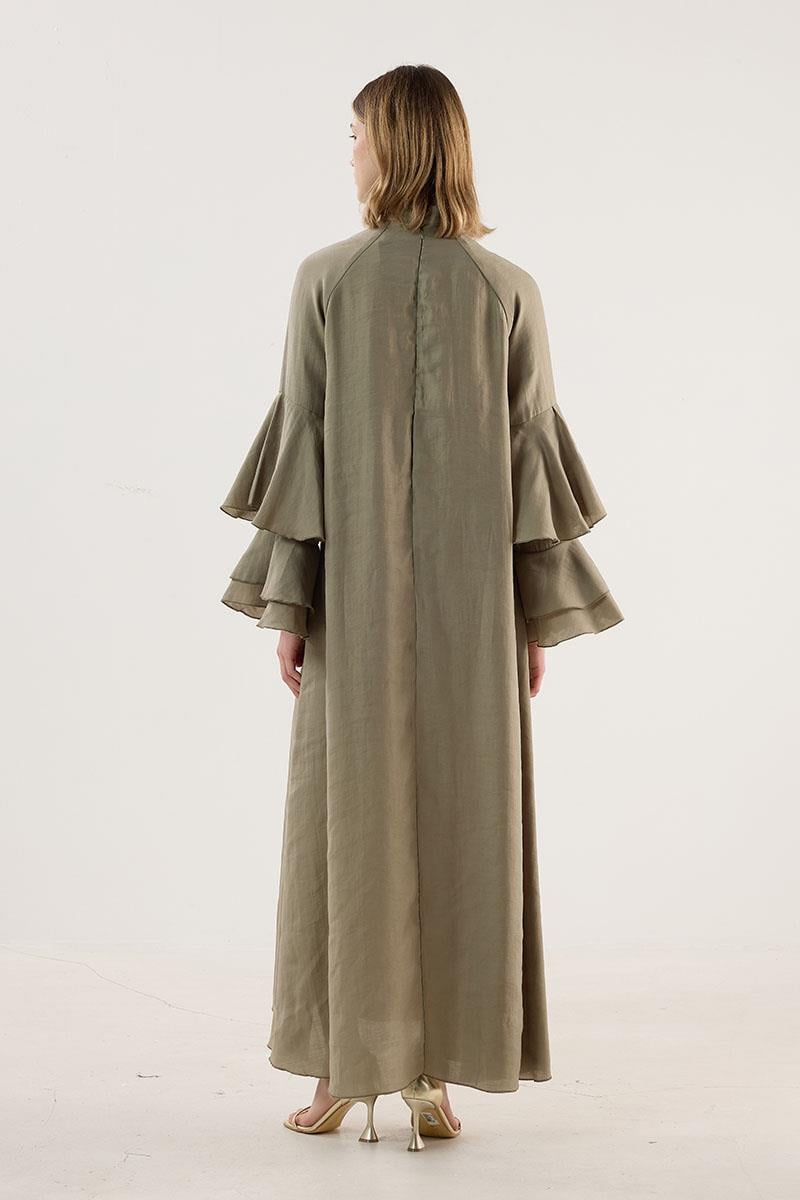 Kolları Volanlı Işıltılı Elbise Haki