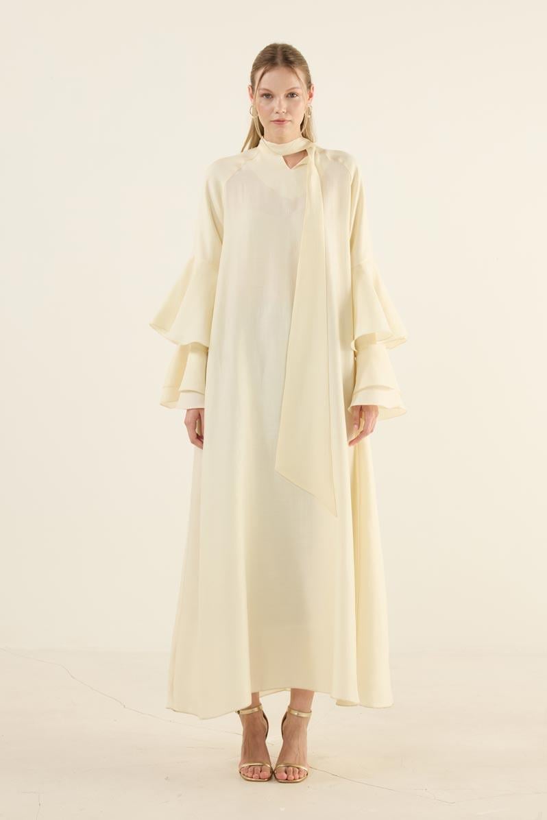 Kolları Volanlı Işıltılı Elbise Soft Sarı