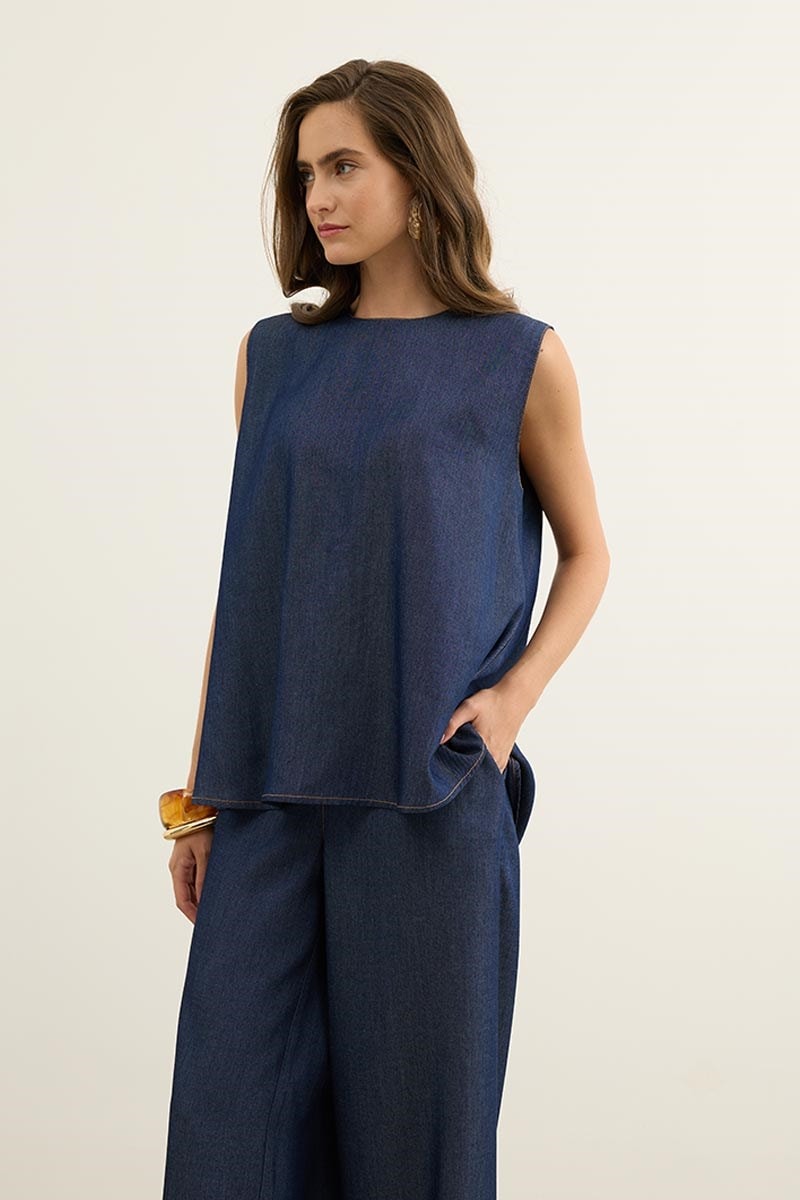Kolsuz Tensel Denim Bluz Lacivert