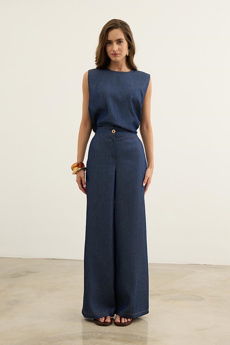 Kolsuz Tensel Denim Bluz Lacivert