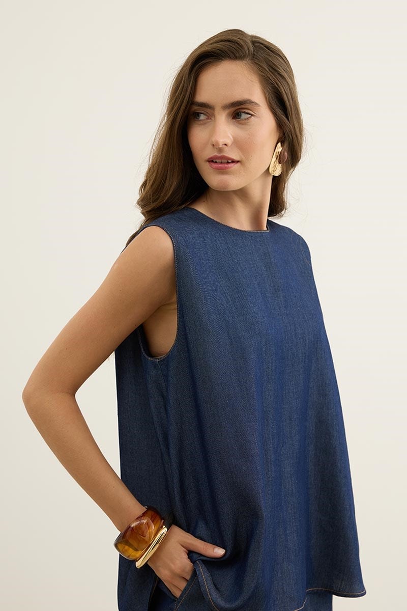 Kolsuz Tensel Denim Bluz Lacivert