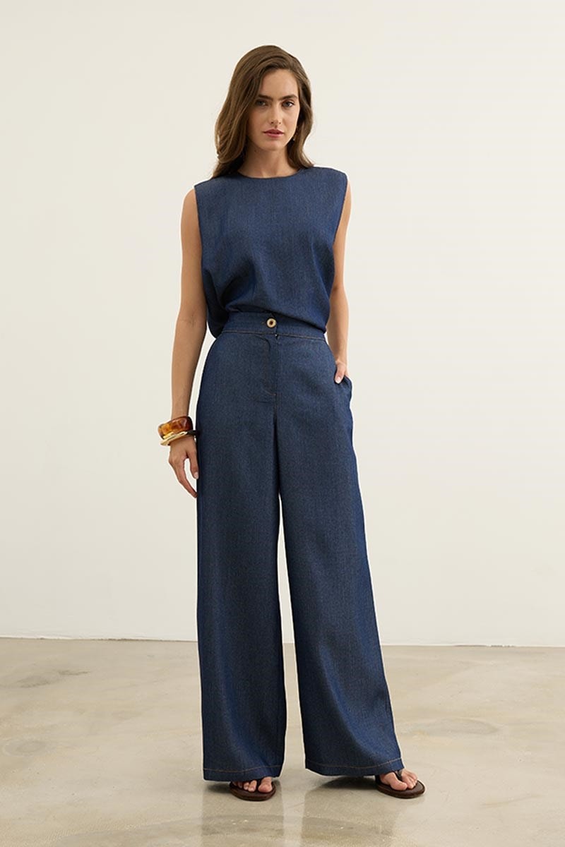 Kolsuz Tensel Denim Bluz Lacivert
