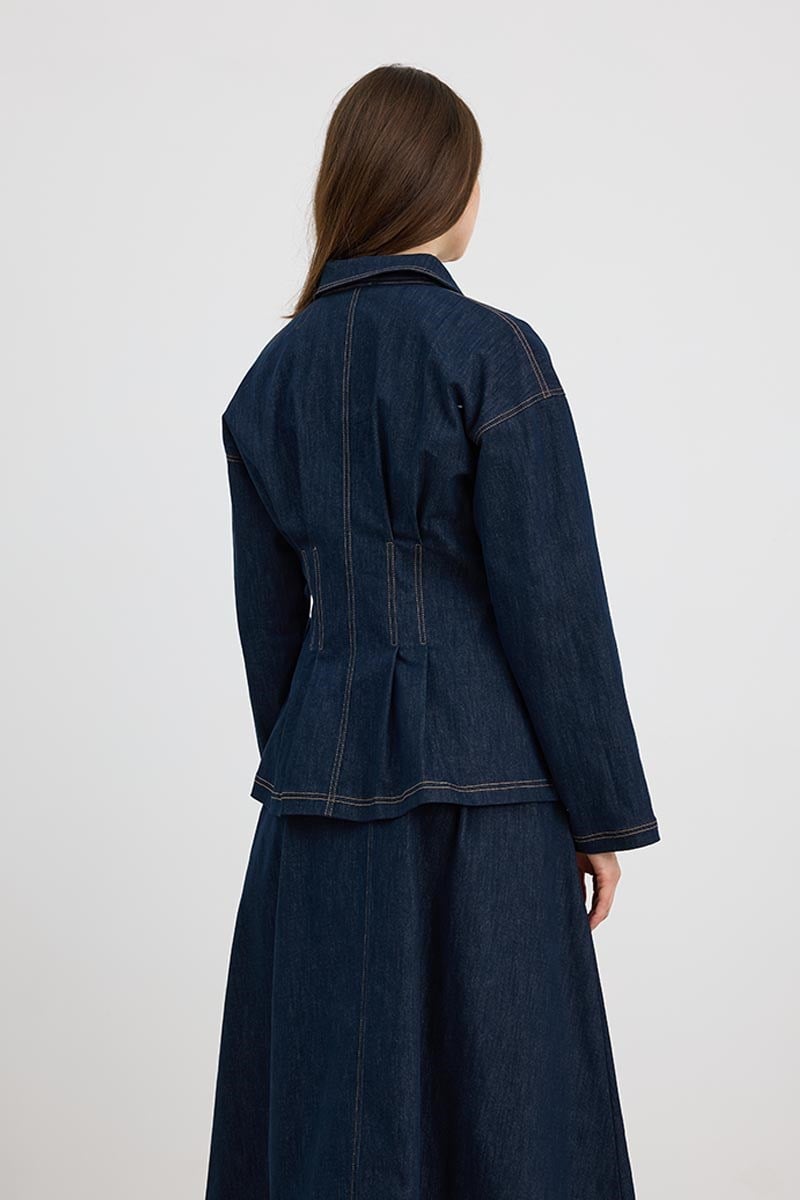 Kontrast Dikişli Denim Ceket Lacivert