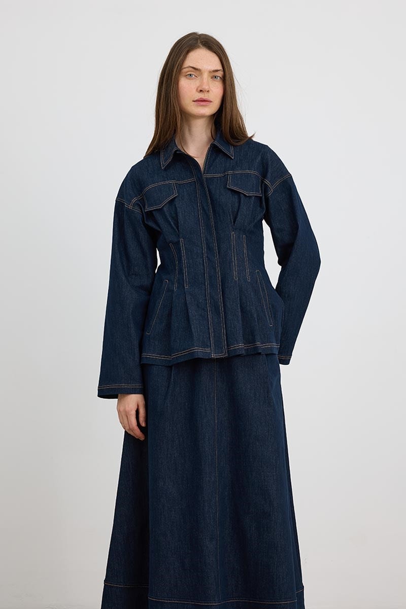 Kontrast Dikişli Denim Ceket Lacivert